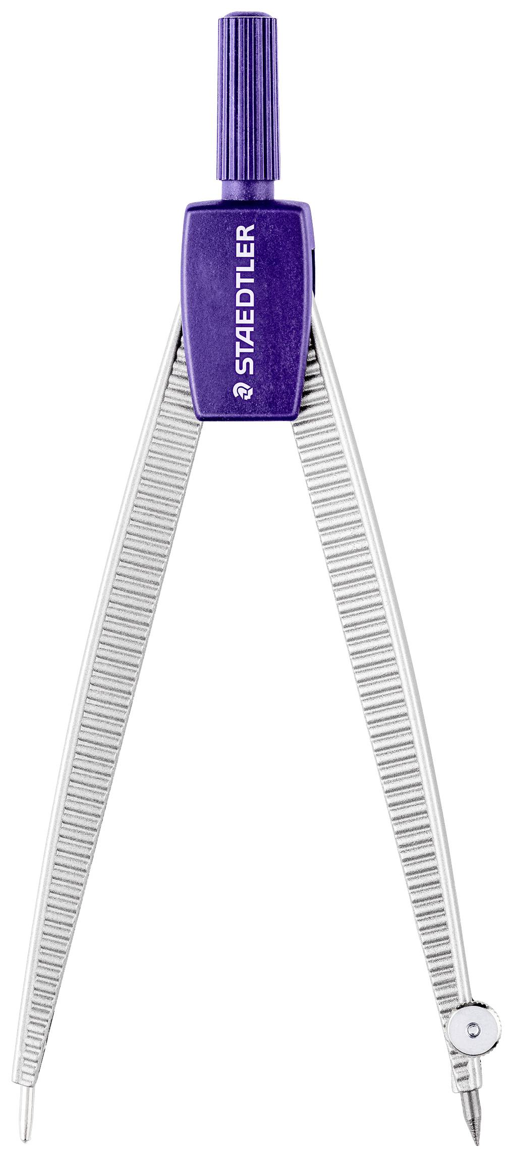 A compass with a purple handle and silver arms, unfolded, suitable for precise drawing of circles and arcs.