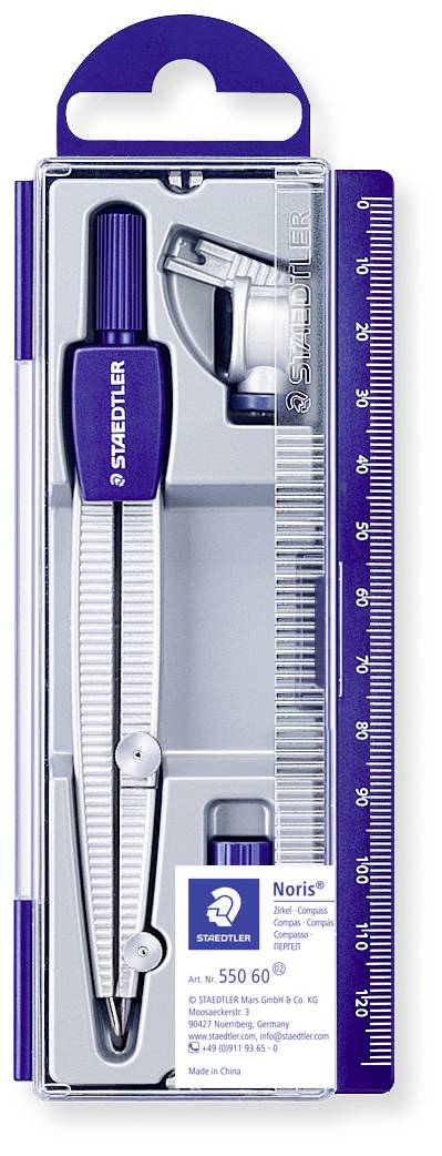 Image of a Noris geometry set: blue compass, spare leads, and ruler in a transparent STAEDTLER packaging.