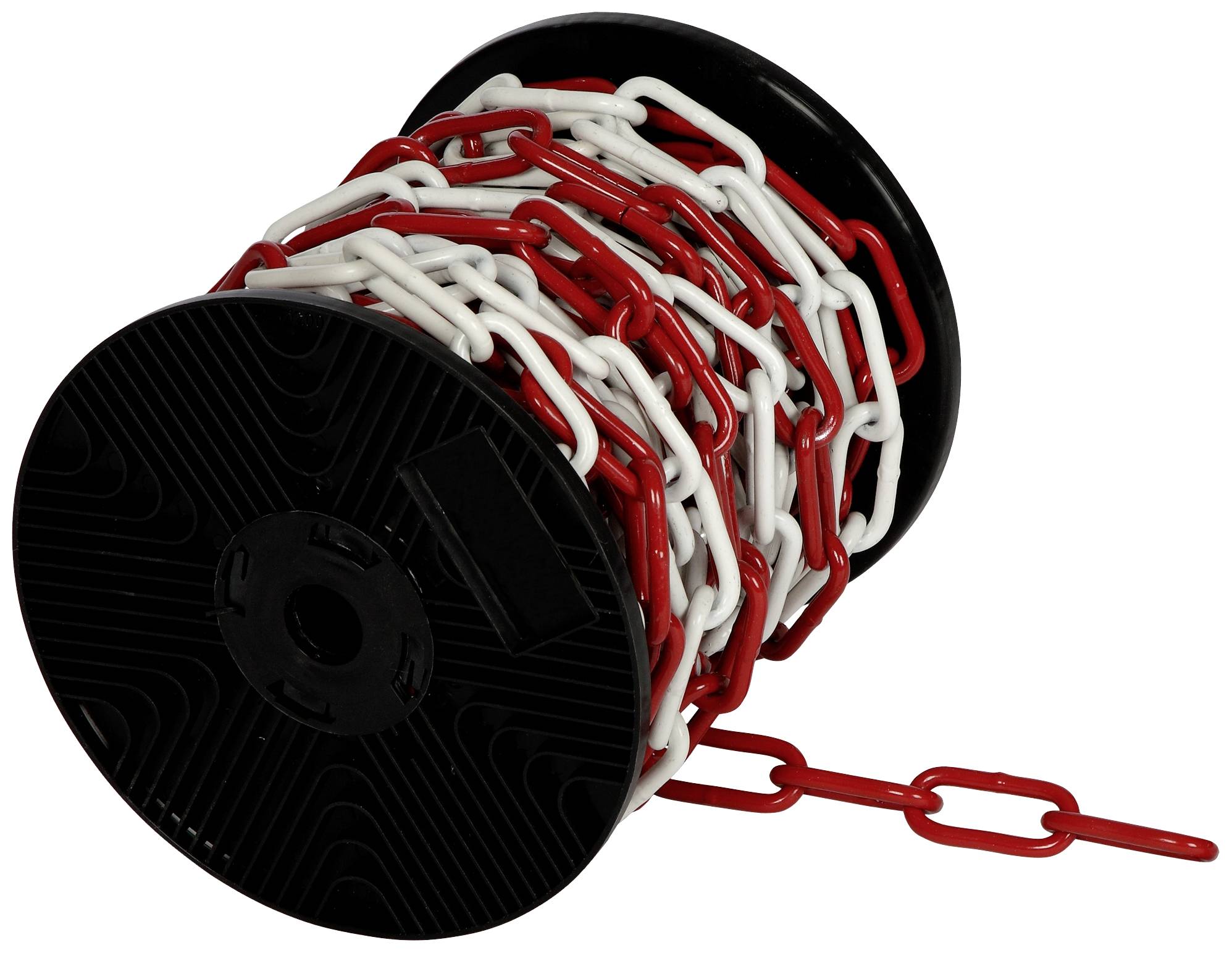 A roll with a red and white chain used for cordoning off areas. The chain is evenly wound around the roll.