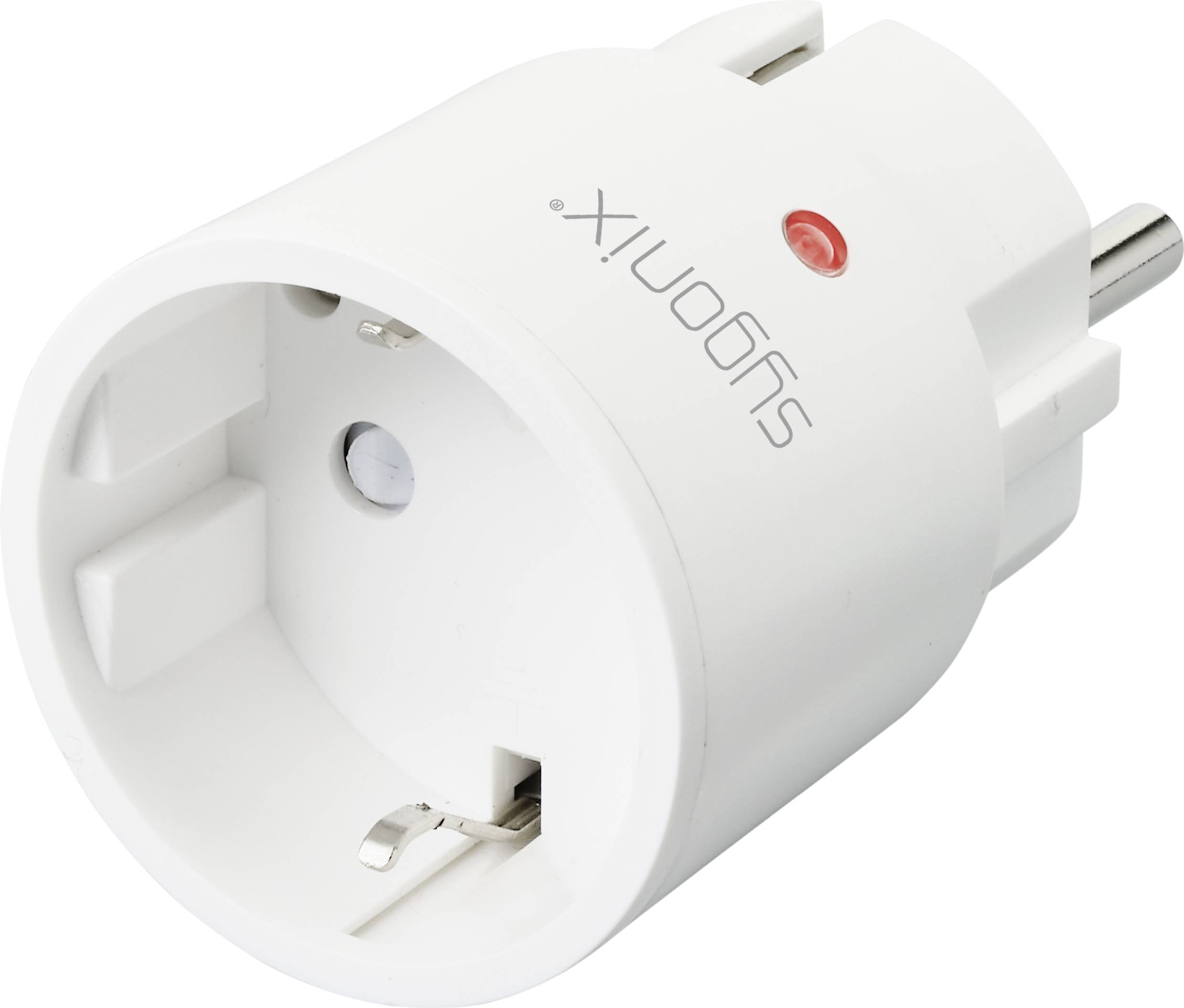 A white, round intermediate plug with side text 'SugomX', red LED indicator, and earth contact, suitable for European power sockets.