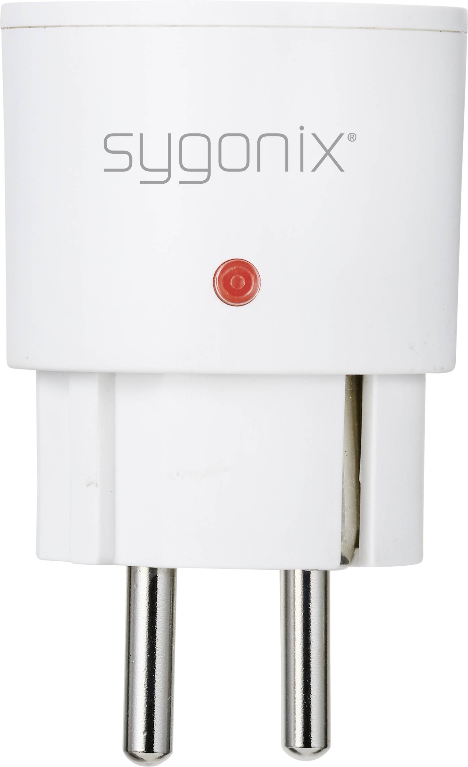 A white plug adapter with a red LED indicator, labelled 'sygonix'. Suitable for controlling electrical devices.