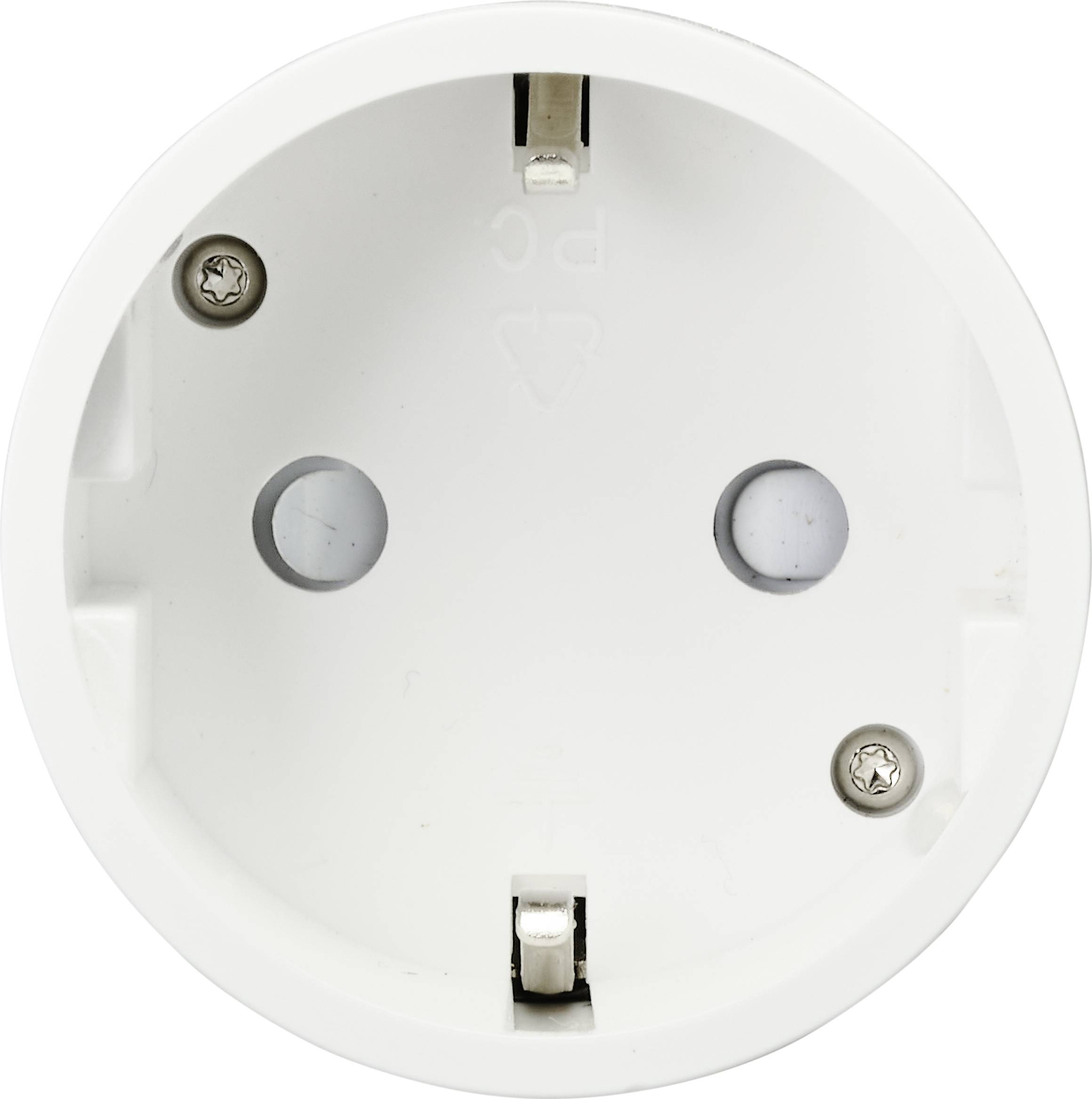 White Schuko socket adapter with a round shape and two side clips for connection to the power socket.