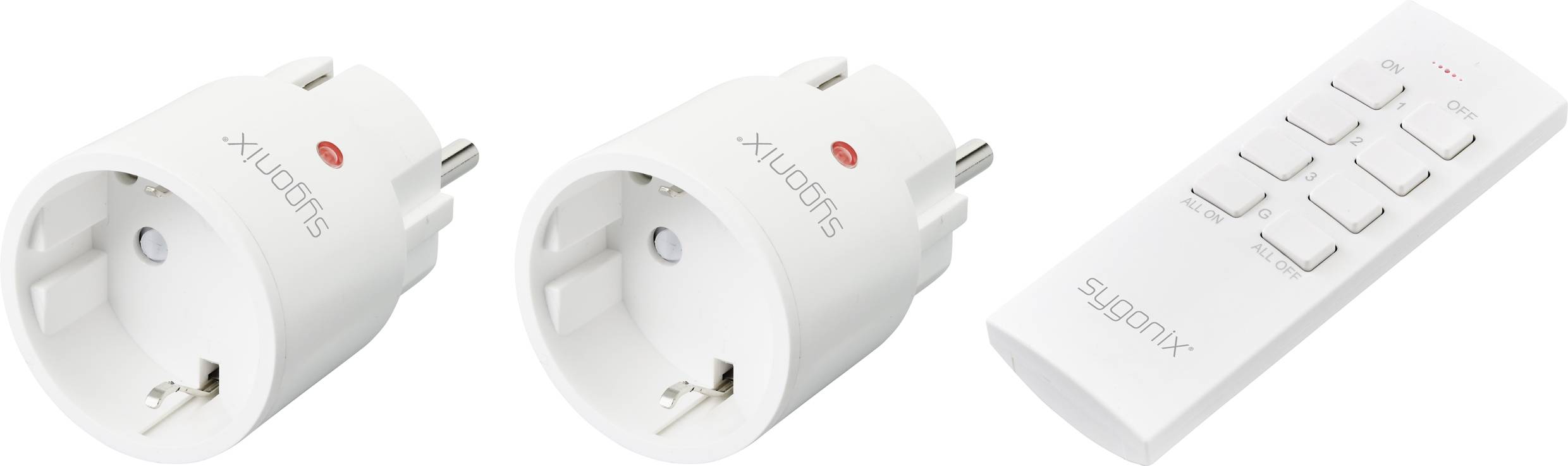 Two radio-controlled plug sockets and a remote control. The sockets are white and labelled 'supomix'. The remote control has five buttons.