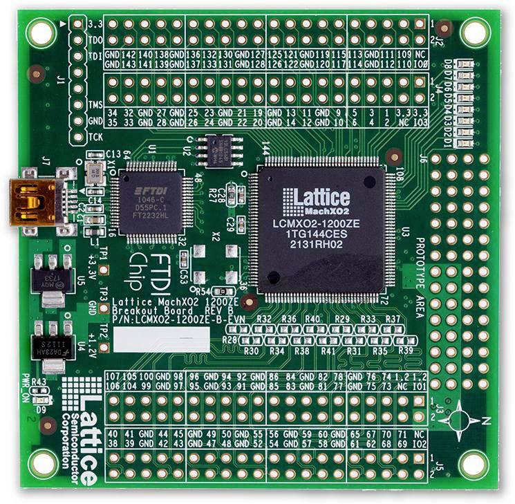 Electronic circuit board with a Lattice semiconductor chip in the centre and numerous pin headers for electronic connections.