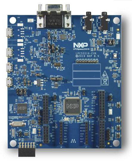 A blue printed circuit board with the NXP logo, featuring multiple integrated circuits, ports, and connectors. Designed for electronic applications.