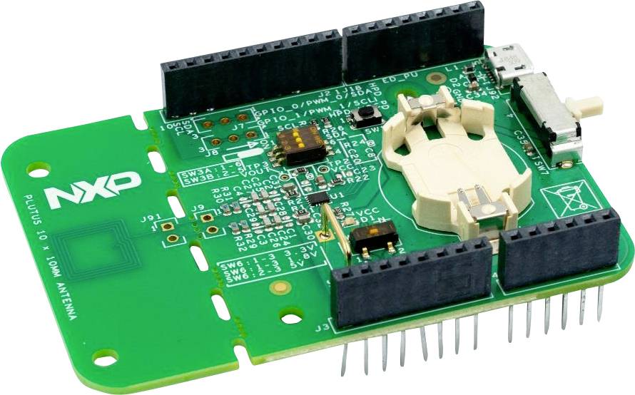 A green electronic circuit board with 'NXP' written on it, showing an open battery holder and several connectors and components.