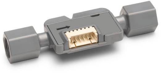 Grey, rectangular plastic component with two plug connectors at the ends. In the centre, there is a golden electronic connector.