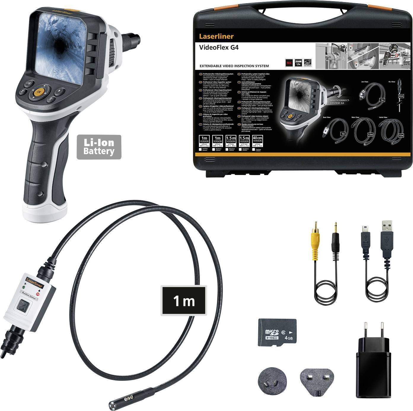 Inspection camera set with flexible probe, display device, carry case, cables, batteries and SD card for video surveillance.