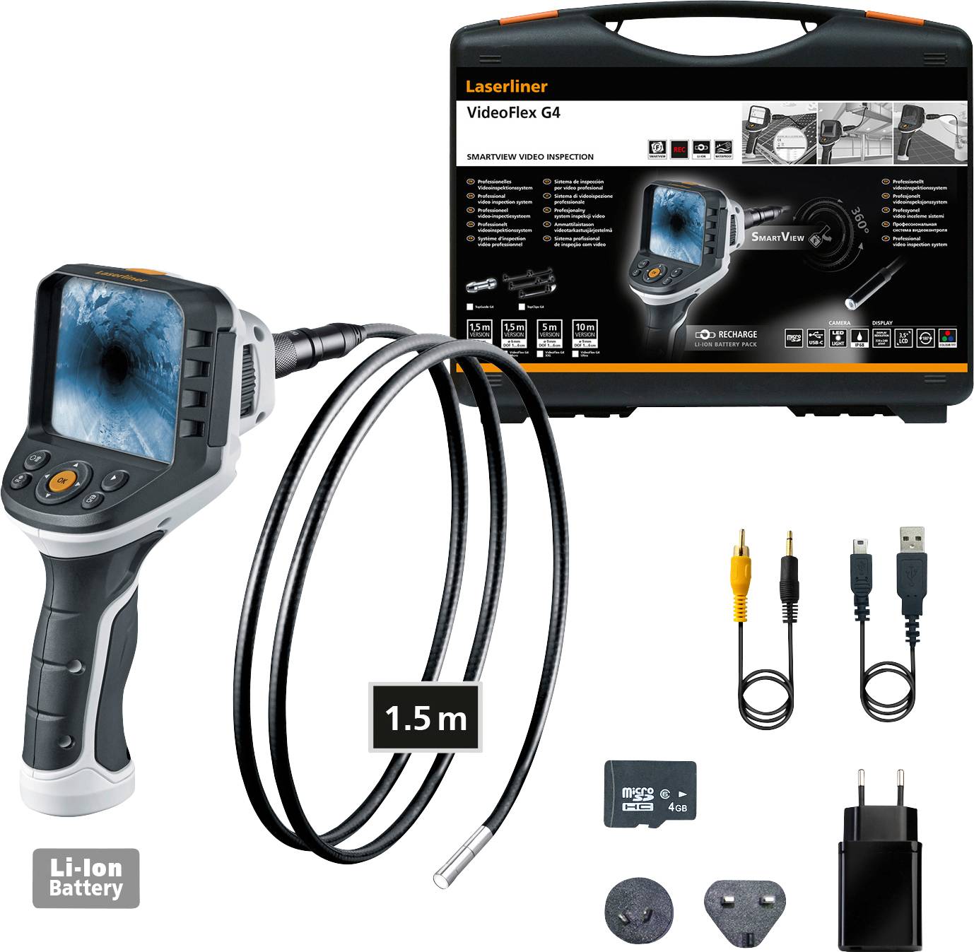 Inspection camera Laserliner VideoFlex G4 with 1.5 m cable and accessories including charger, SD card, adapter and carry case.