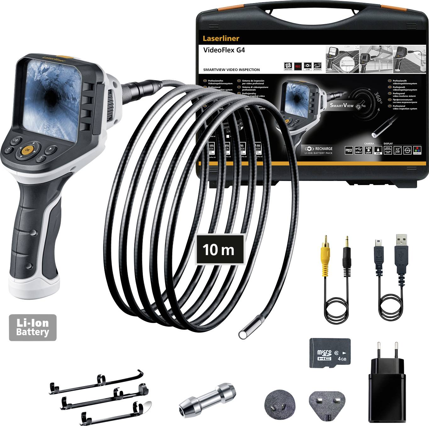 Handheld endoscope 'Laserliner VideoFlex G4' with 10m long camera, accessories and storage case. Suitable for hard-to-reach inspections.