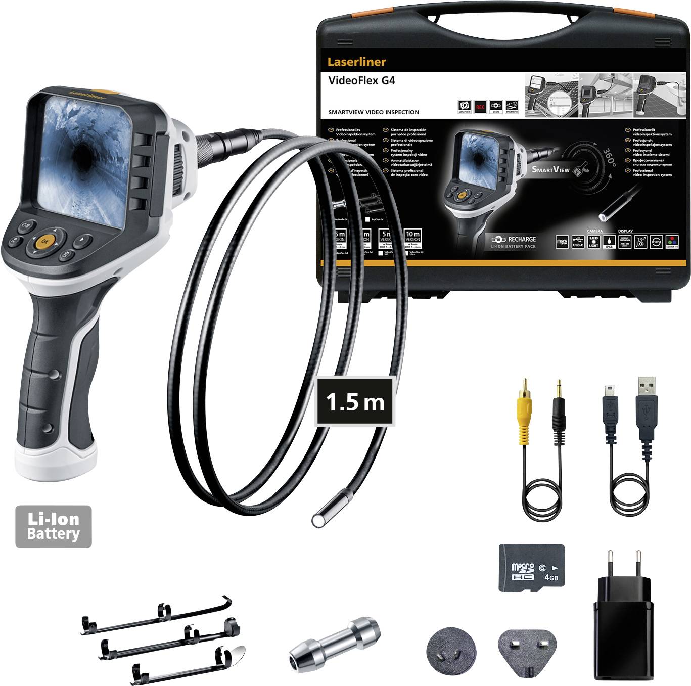 A portable inspection device with a screen and flexible cable. Accessories such as USB cable and charger are also depicted.