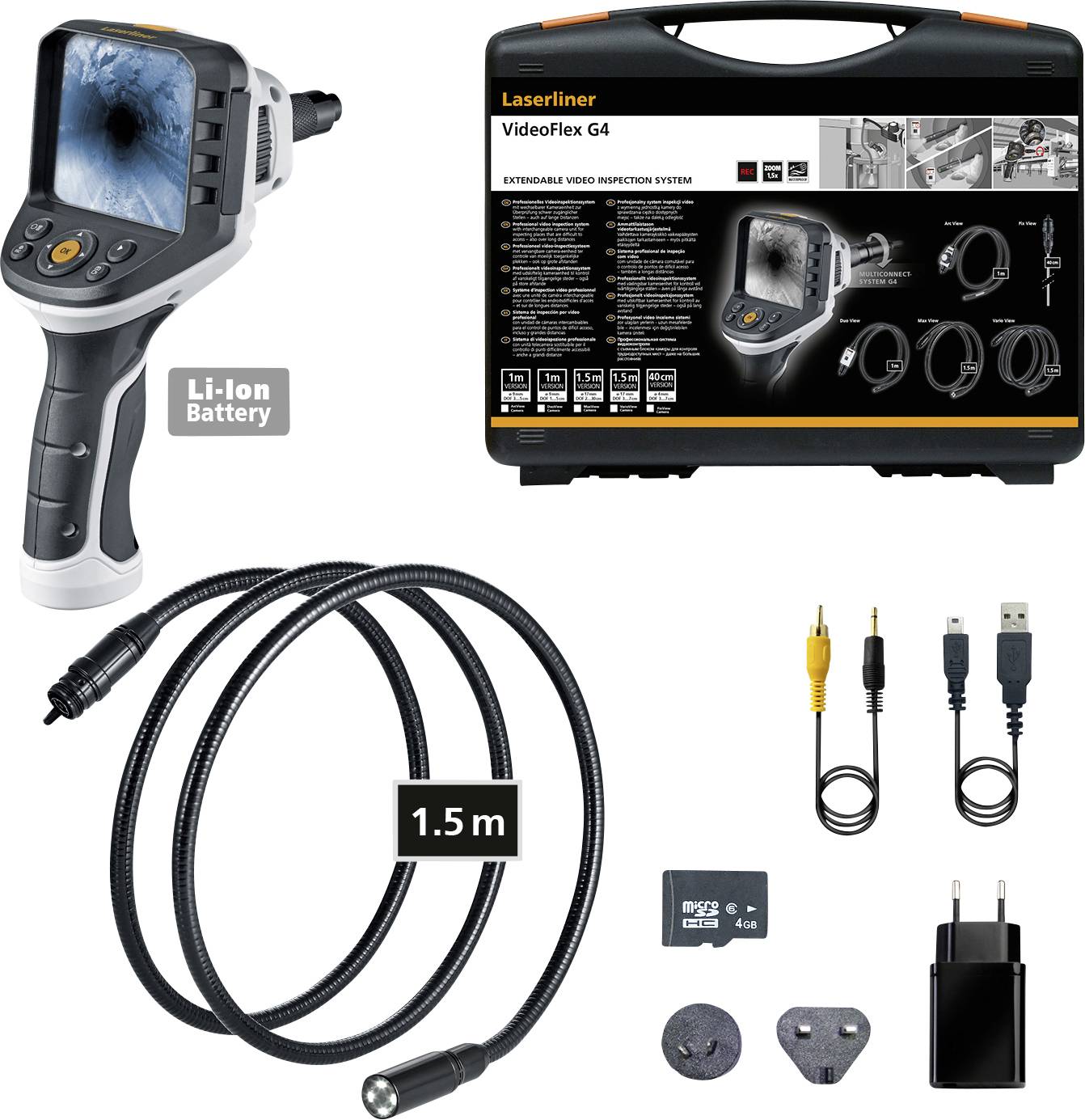 Endoscope camera with screen, flexible 1.5m cable, accessories and storage case, ideal for inspecting hard-to-reach areas.