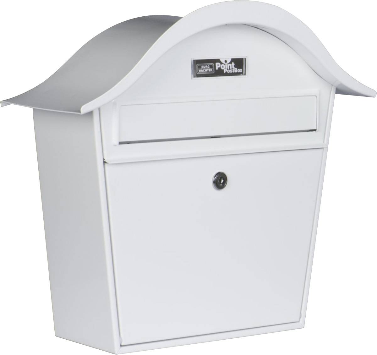 White wall-mounted letterbox with a curved roof and lock. Small sign at the top with the inscription 'Model 190 White Point Safe Box'.