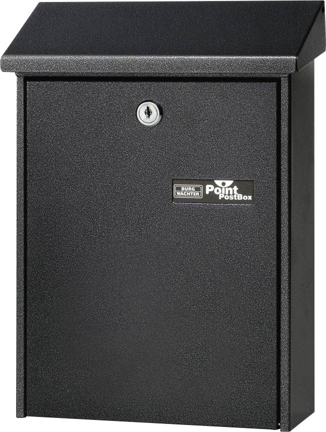 Black metal letterbox with lock and brand label. Hanging fitting for outdoor use.