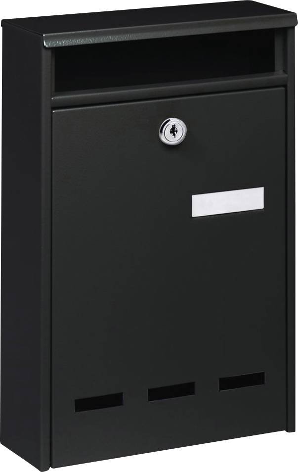 A black postbox with a slot at the top and a lock in the centre. At the bottom, there are three rectangular ventilation slots.