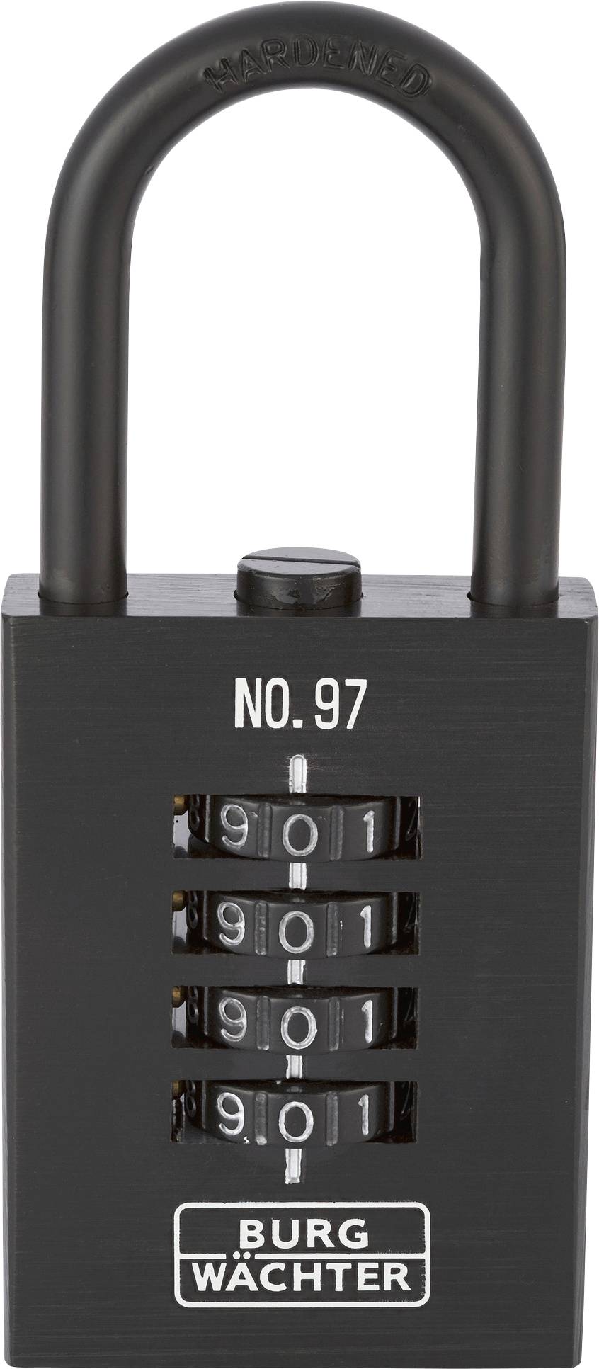 A black combination lock with the visible combination '901'. The brand name 'Burg Wächter' and inscription 'No. 97' are printed on it.