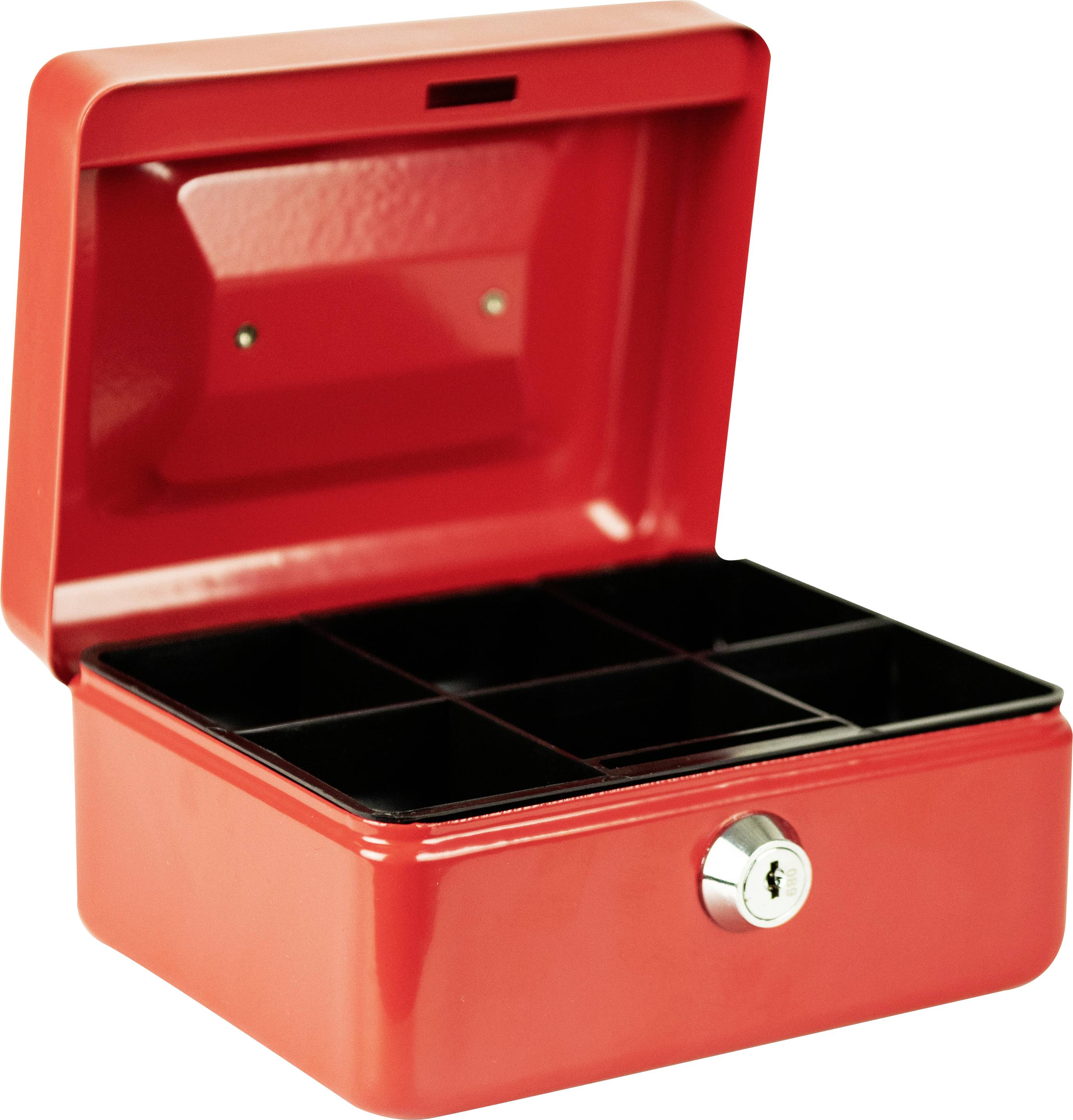 Red metal cash box with open lid, showing multiple compartments inside for storing coins or small change.
