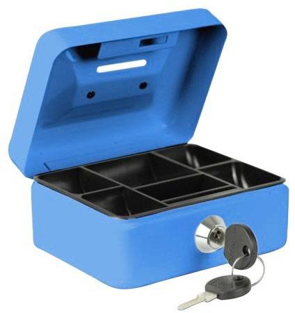 Blue cash box with open lid shows a compartment with black inserts. A bunch of keys is inserted in the lock on the front.