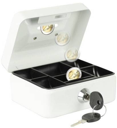 A white cash box with an open lid and an insertion slot. Two coins drop inside. Two keys are lying beside it.