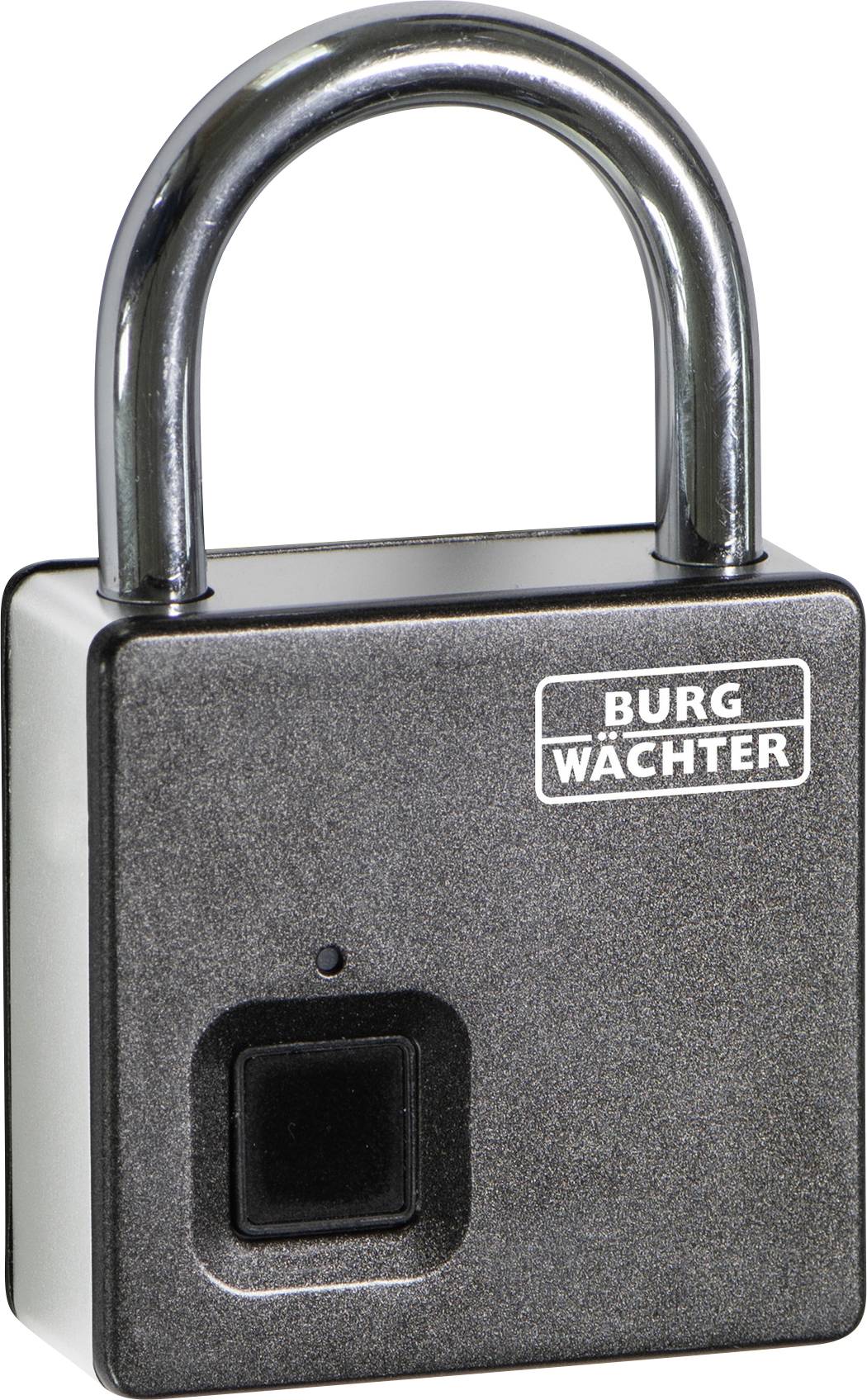 A black padlock with a fingerprint sensor in the top left corner. The brand name 'BURG WÄCHTER' is printed on it.