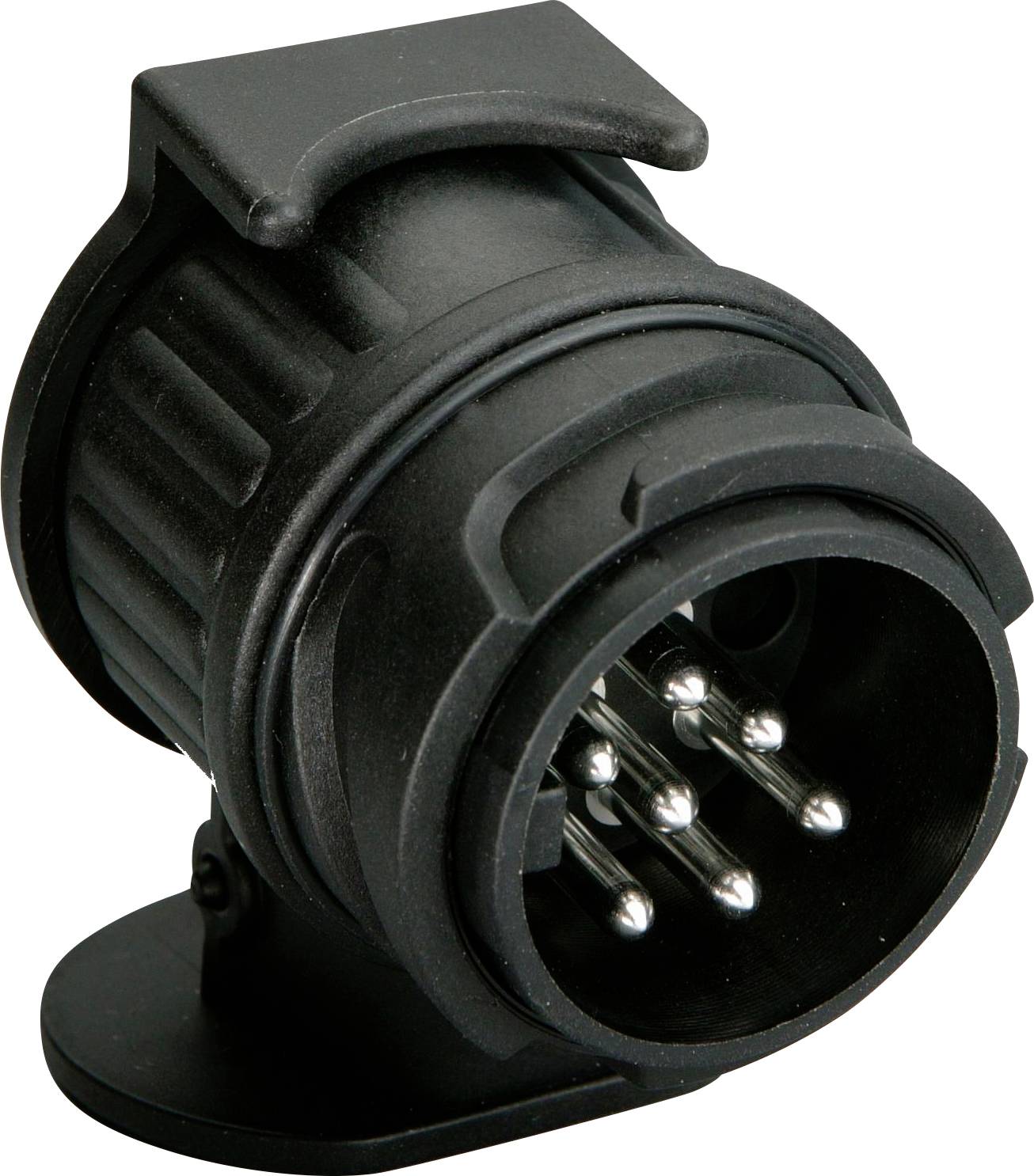 A black adaptor plug with seven metal pins, used for connecting electronic devices in vehicles.