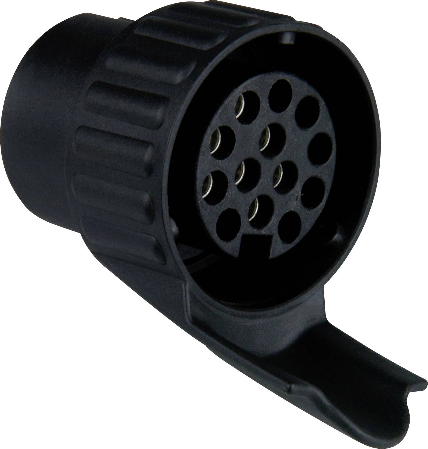 13-pin trailer plug, black housing; used for connecting vehicle and trailer electrical systems.