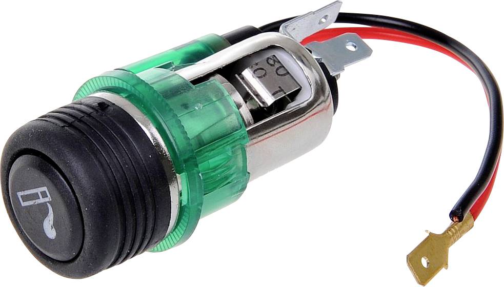 Electric cigarette lighter with a green casing and black button, with a cigarette symbol printed on it.