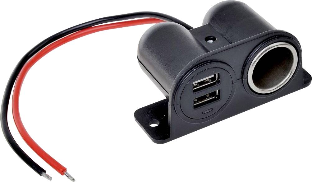 A black adapter with two USB ports and a cigarette lighter socket, attached to two cables: one red and one black.