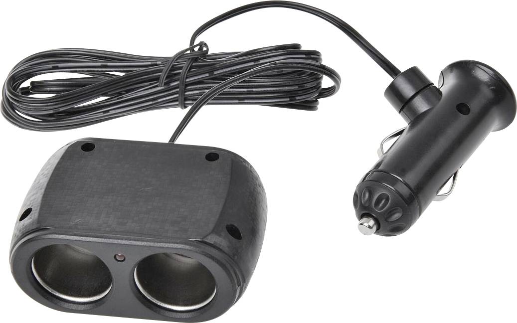 Black vehicle adapter with two power sockets and long cable. Suitable for car cigarette lighter.