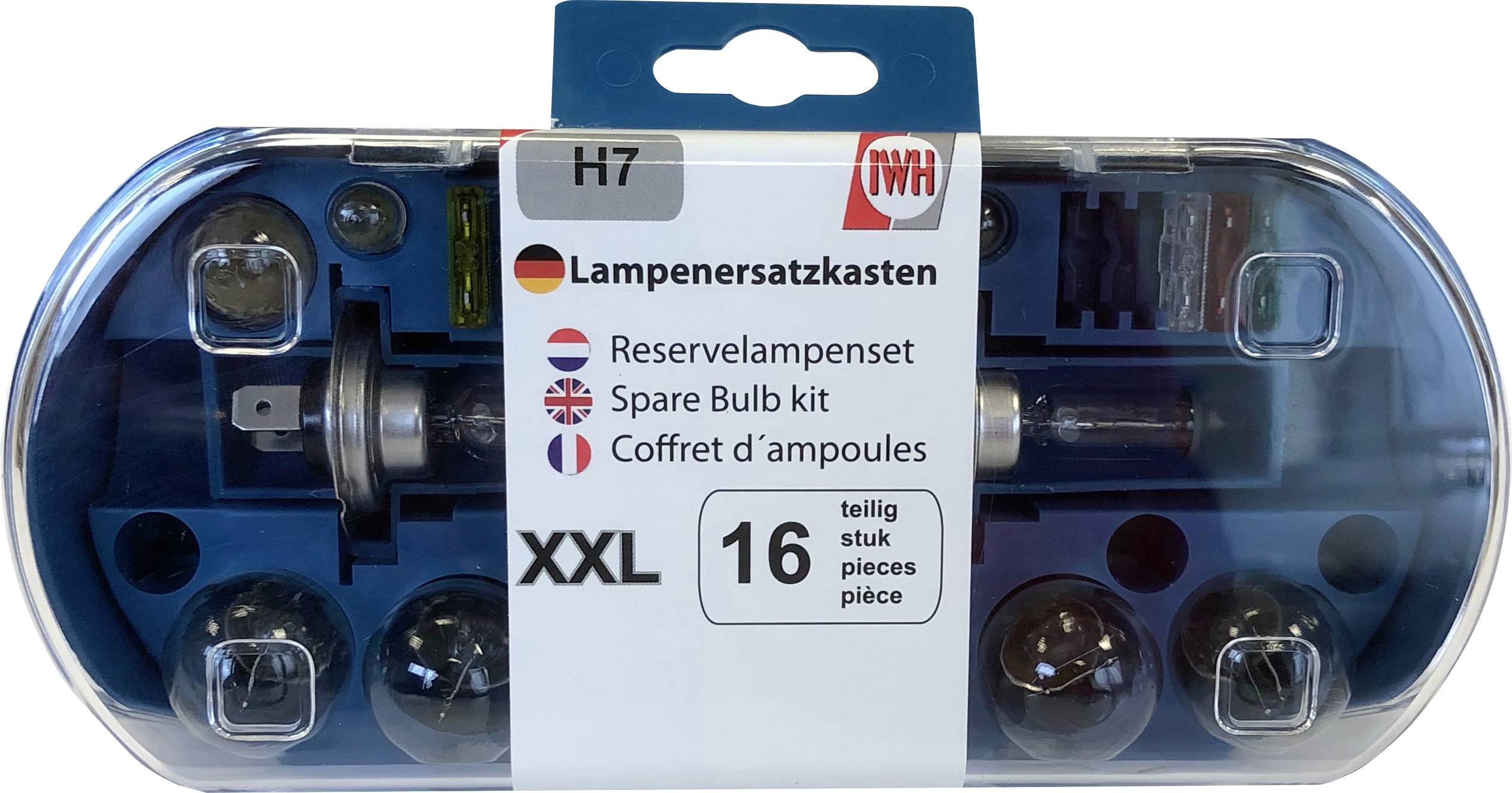 H7 Lamp Replacement Kit, XXL, 16-piece. Contains spare lamps and accessories. Packaging in blue with transparent lid.