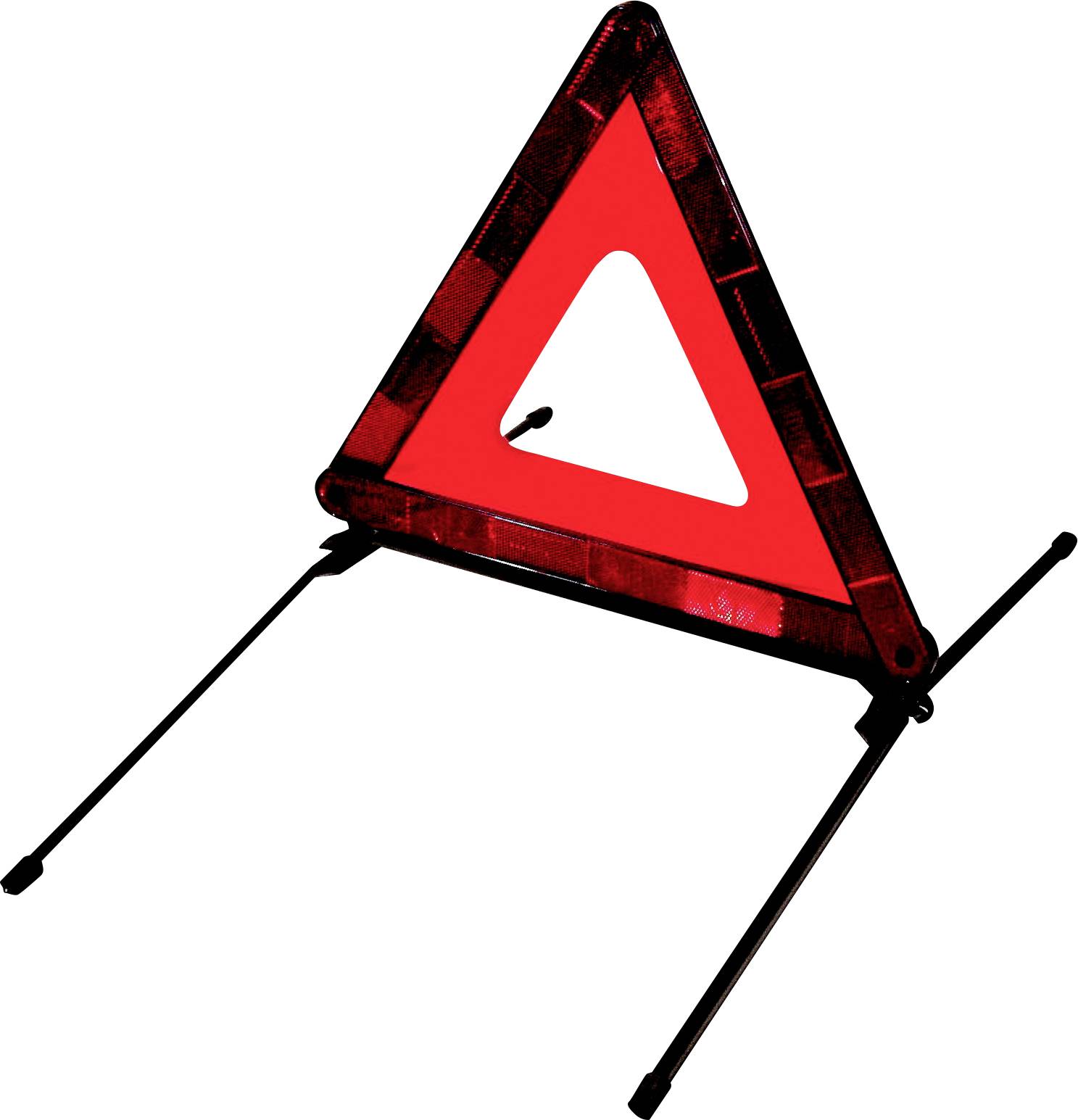 A red warning triangle with reflective edges, set up on folding legs, signals caution or danger on the road.
