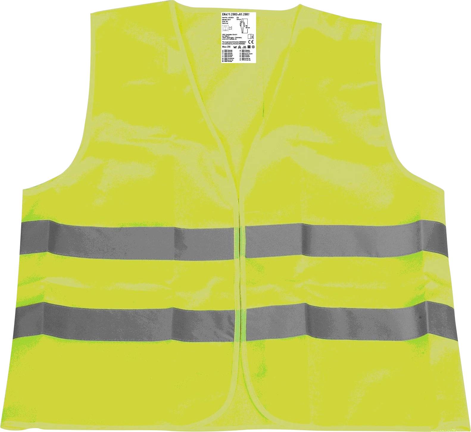 A yellow high-visibility vest with two horizontal, reflective strips. It is worn for safety and visibility on the road.