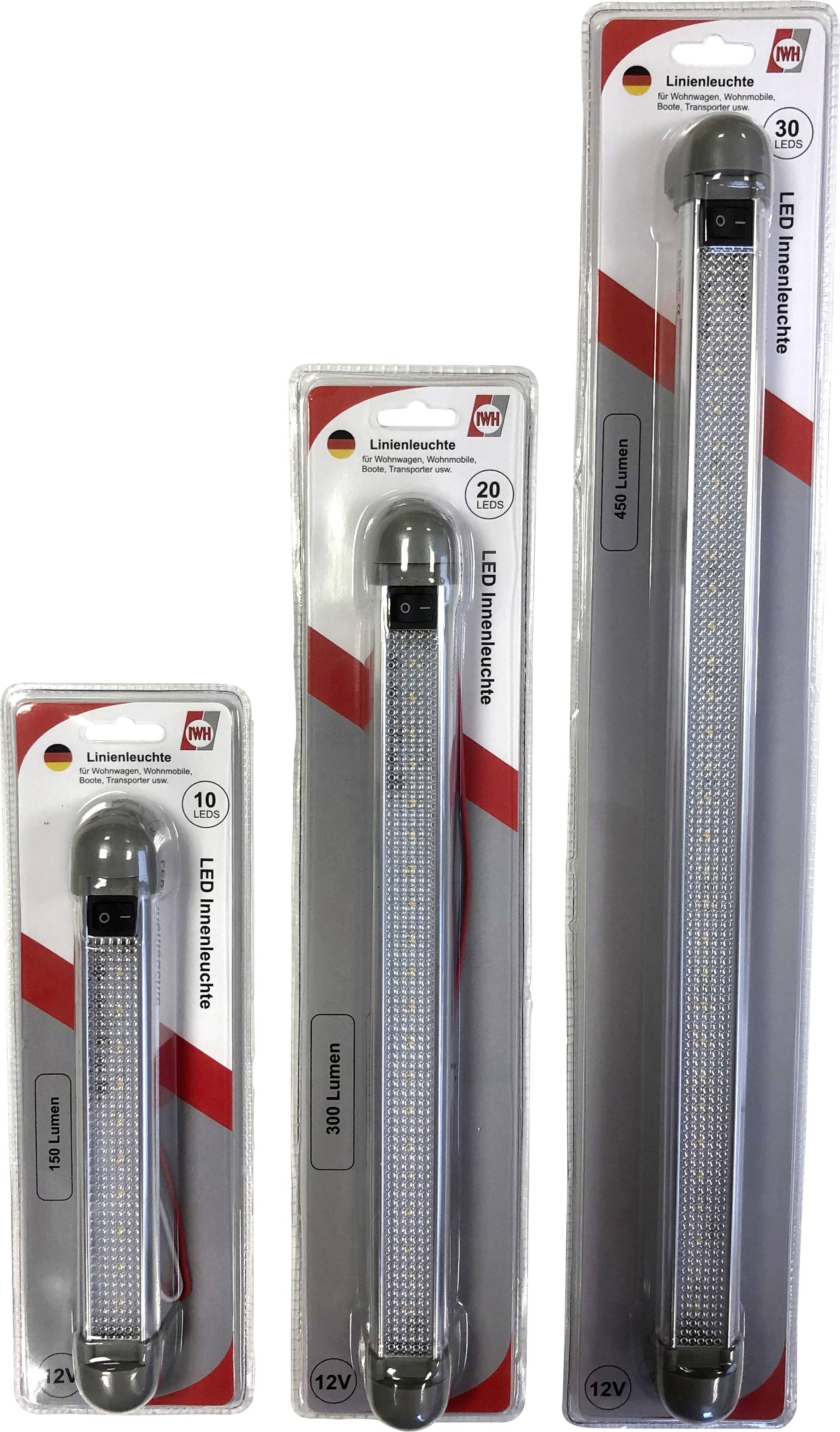 Three LED lights in packaging of different sizes, marked with '12V', 'Lumens 300' to 'Lumens 900'.