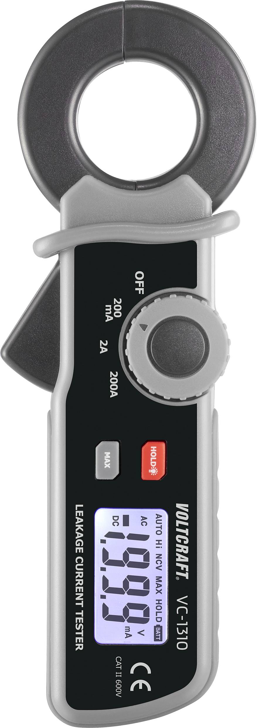 Digital clamp meter with display for current measurement. Display shows '0000'. Buttons for 'Hold' and range selection are visible.