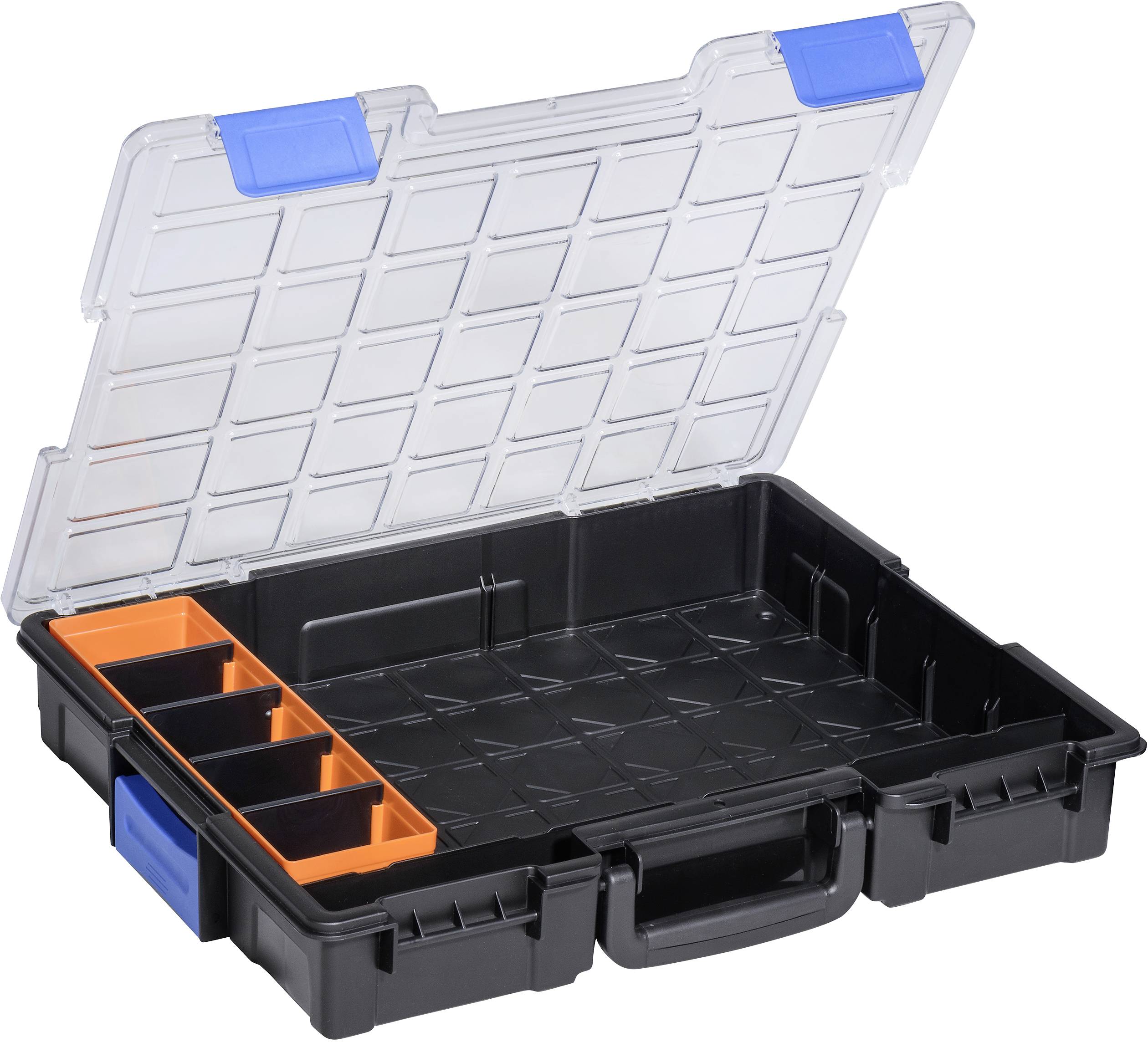 Open black toolbox with a transparent lid and multiple compartments. One of the compartments is orange.