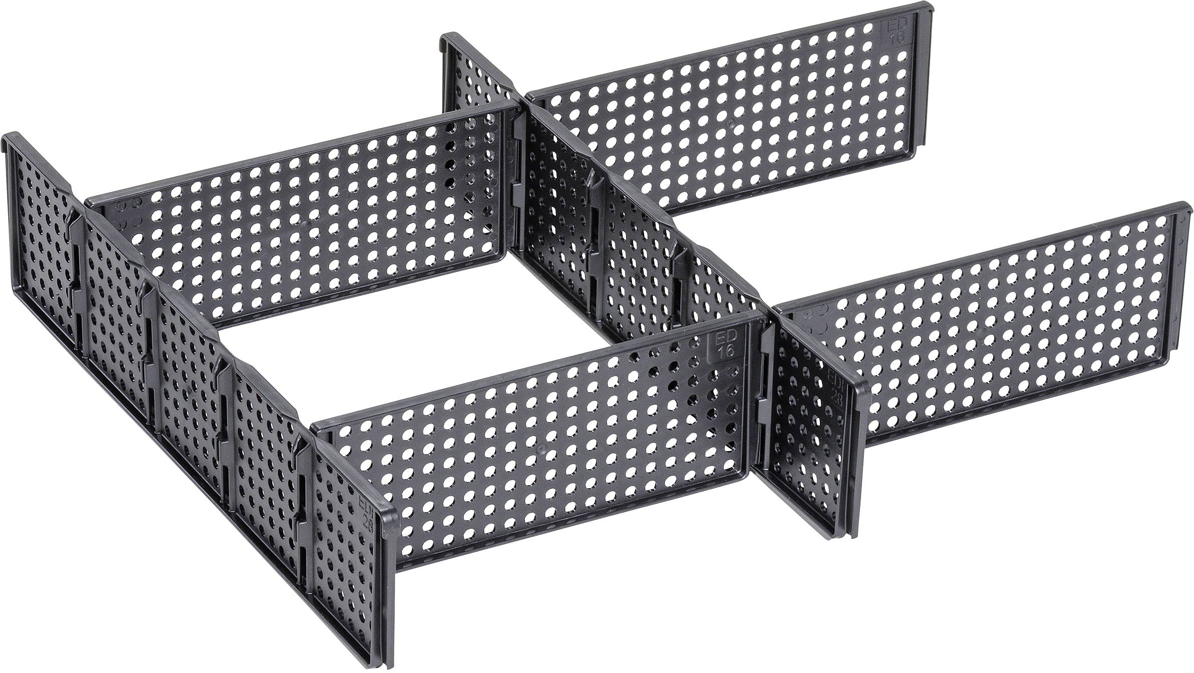A black, square component with perforated sheets on the sides, assembled into a rectangular, open frame.