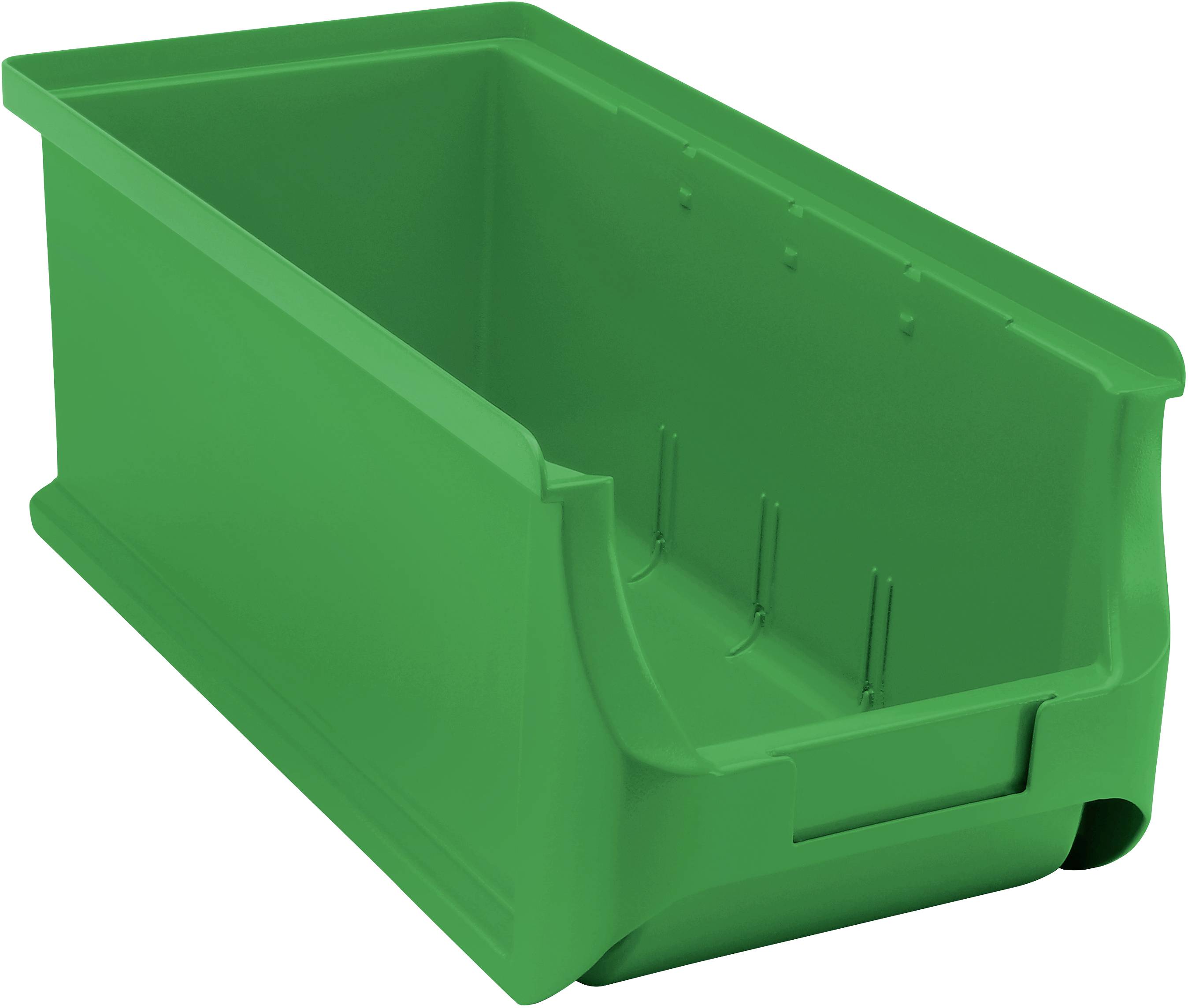 Green plastic storage box with an open front, suitable for storing tools or small parts.
