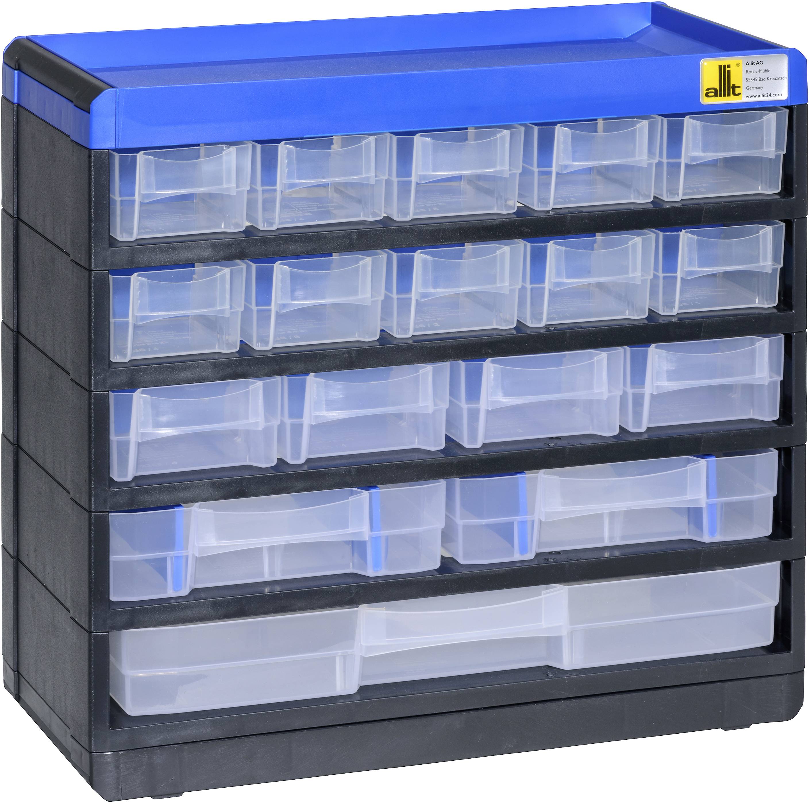 A black toolbox with transparent drawers in five rows. Blue-labelled top left, for storing small items.