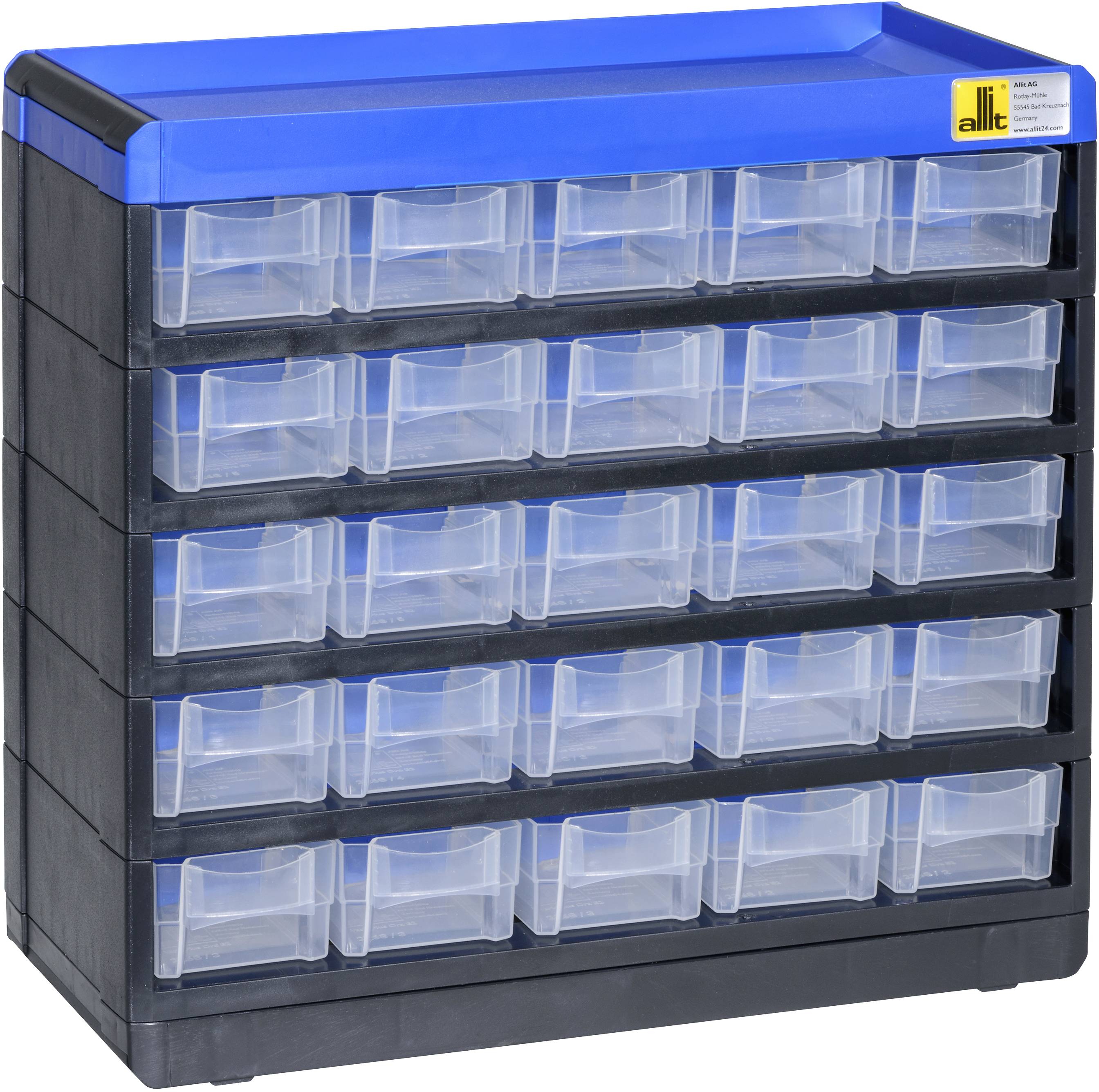 A black storage cabinet with five blue rows, each with six transparent drawers. Perfect for organising small parts.