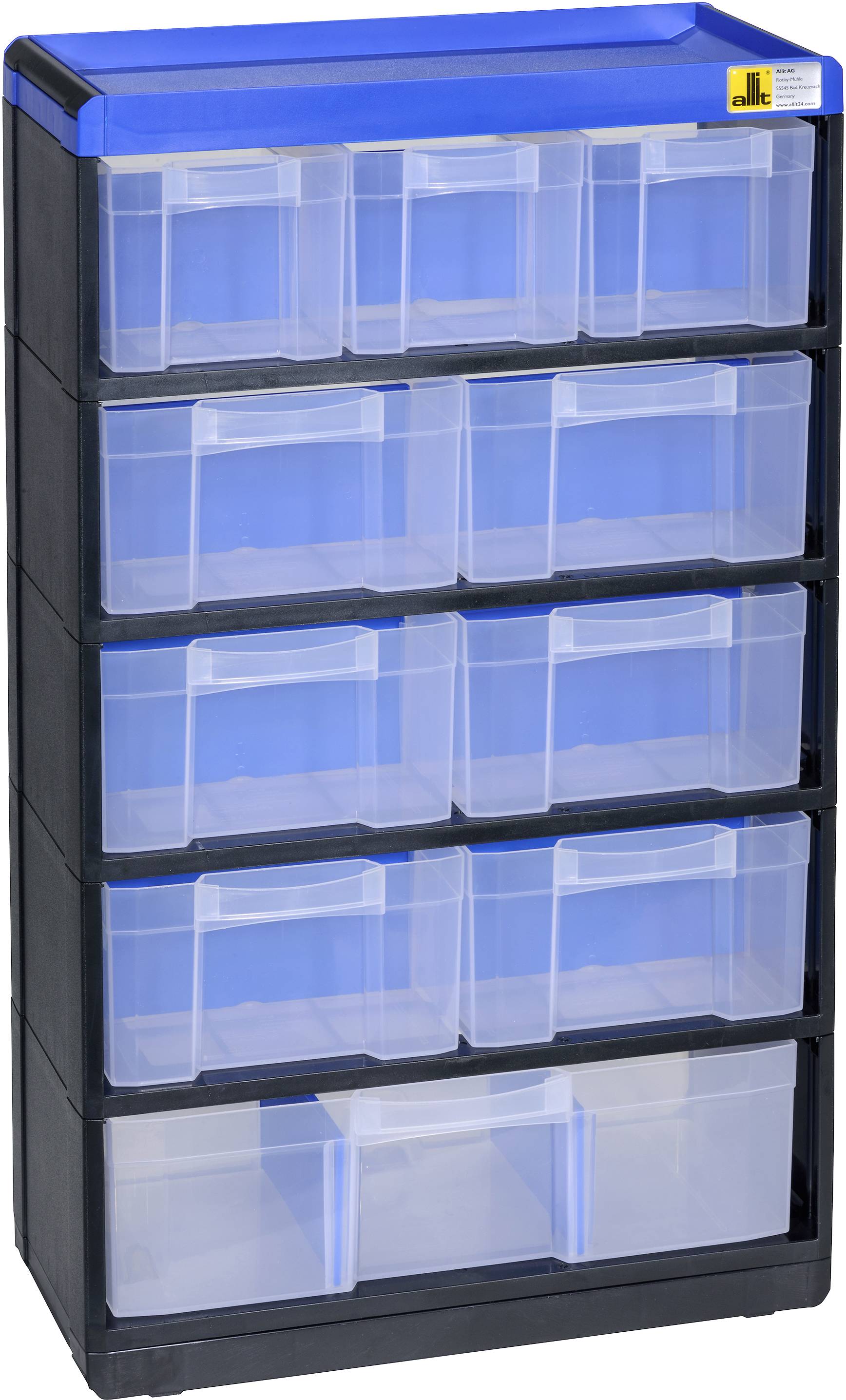 A black shelving unit with five blue, translucent drawers and an open compartment at the bottom.