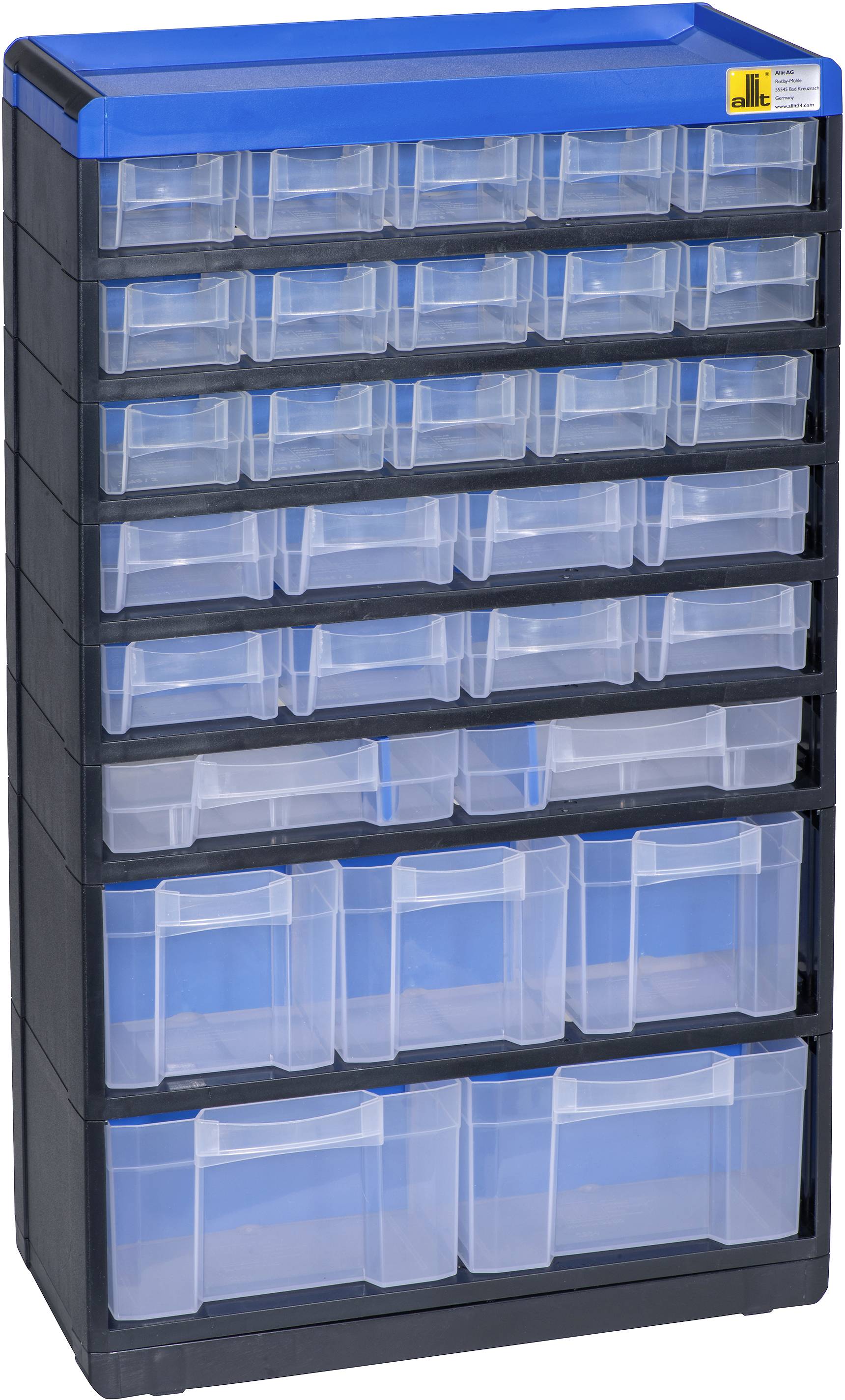 Black and navy storage cabinet with multiple transparent drawers in various sizes. Perfect for organising small items.