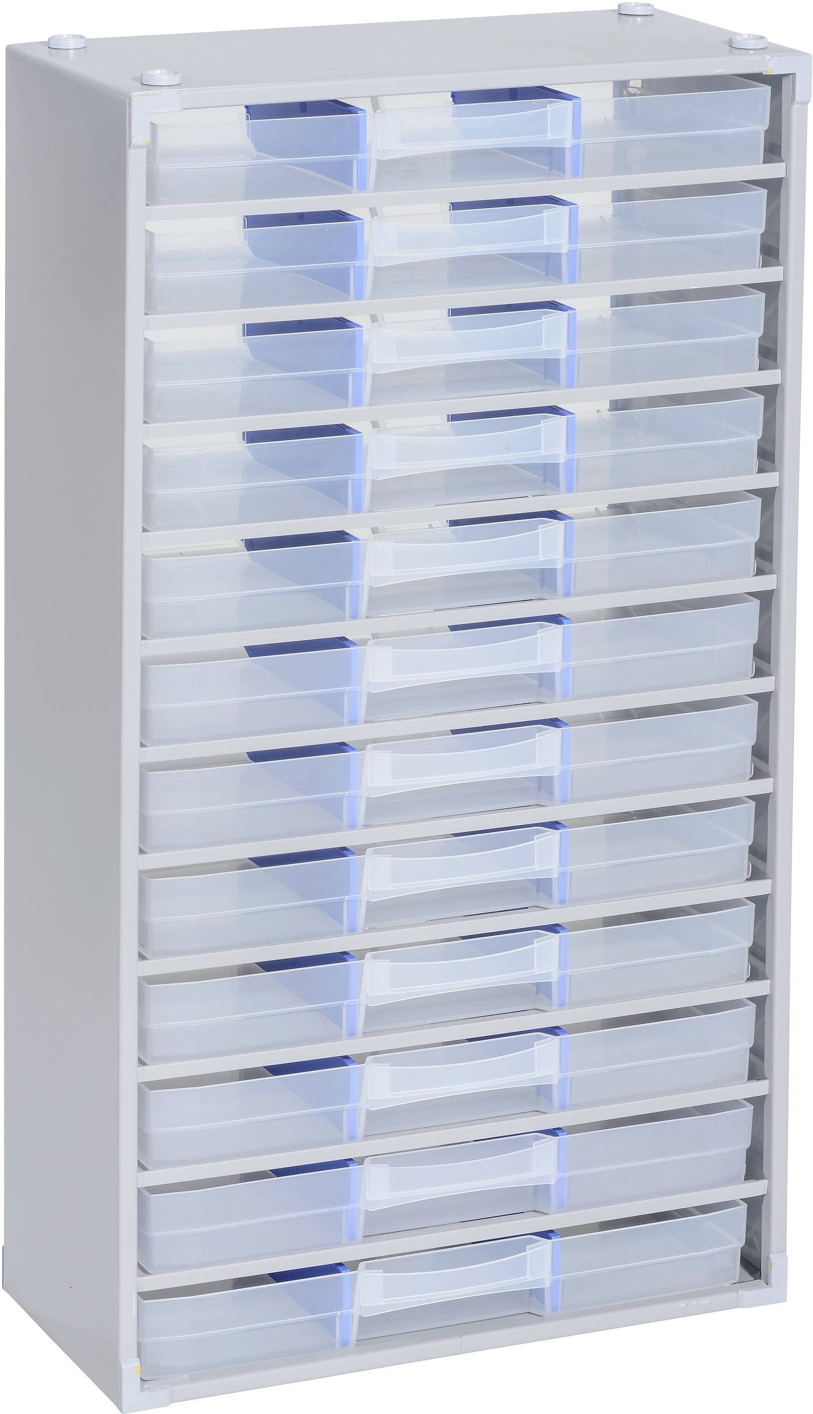A grey metal shelving unit with eighteen transparent blue drawers, suitable for storing small items or tools.