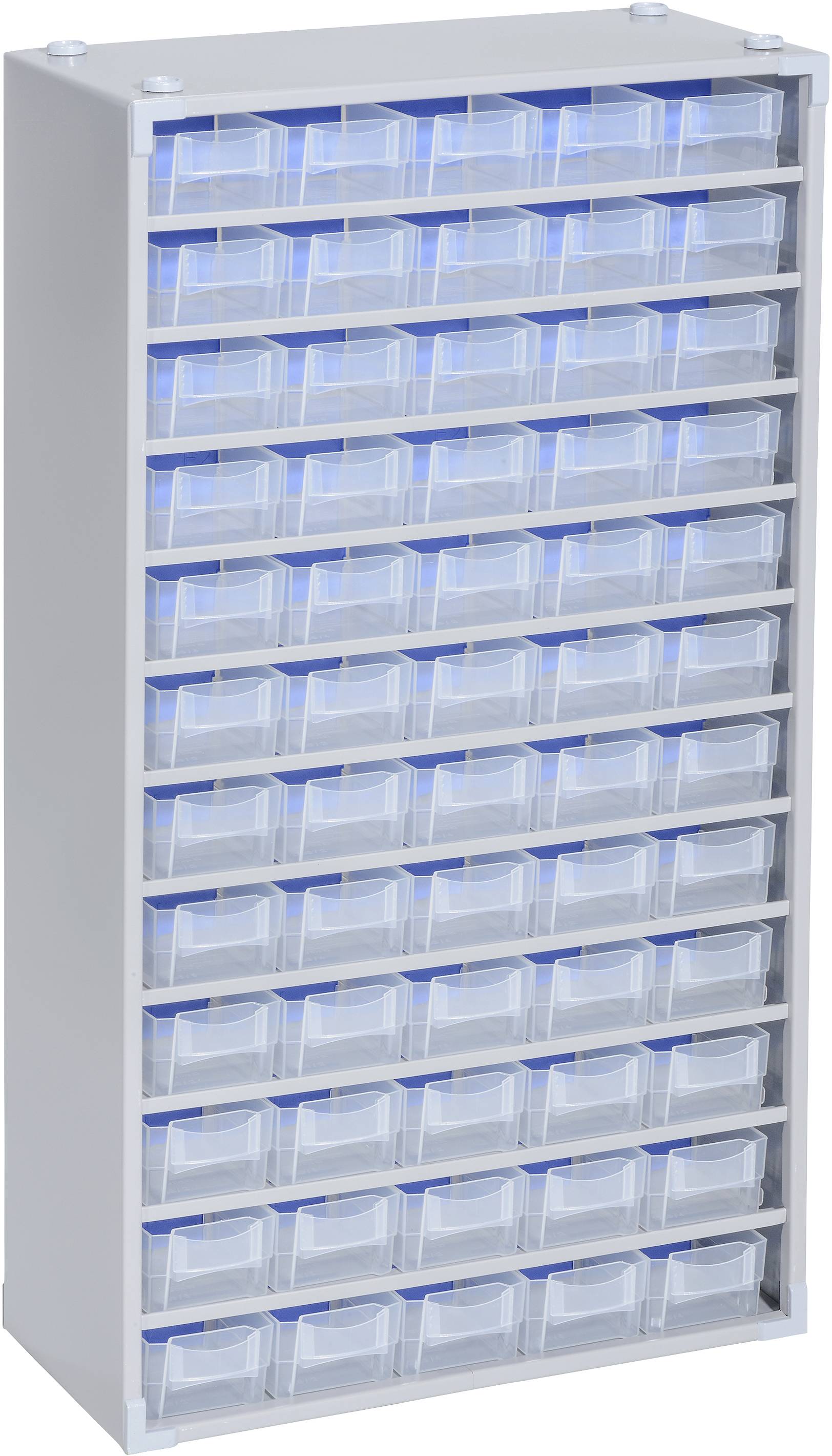 Ein weiß-blauer Aufbewahrungsschrank mit mehreren transparenten, kleinen Schubladen, ideal zur Organisation von Kleinteilen.