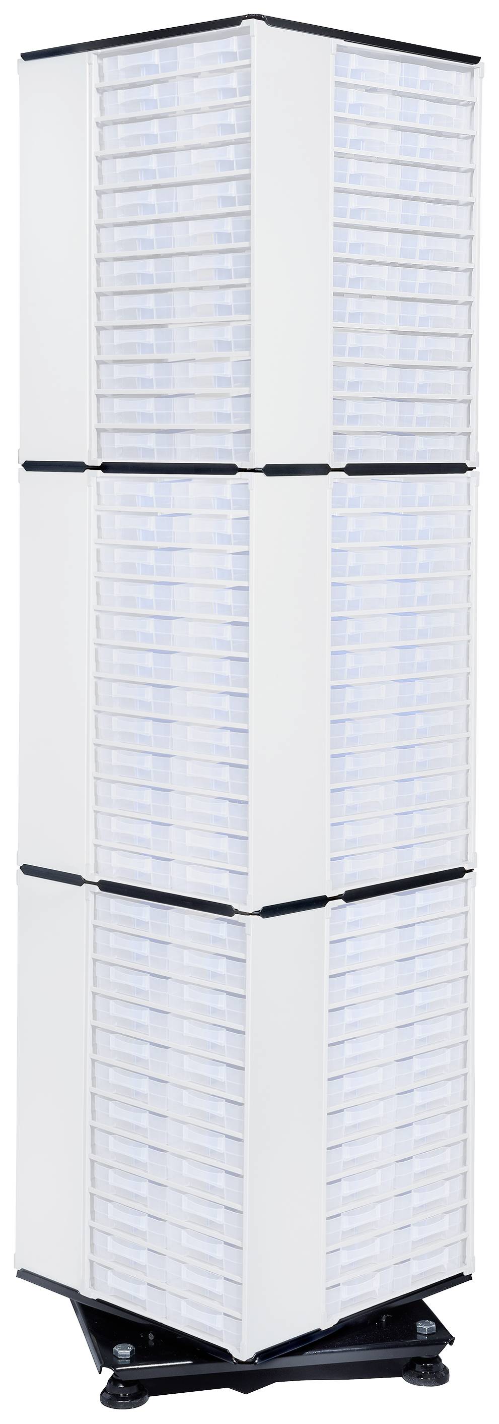 A tall, freestanding storage tower with multiple transparent drawers on a stable, rotating base.