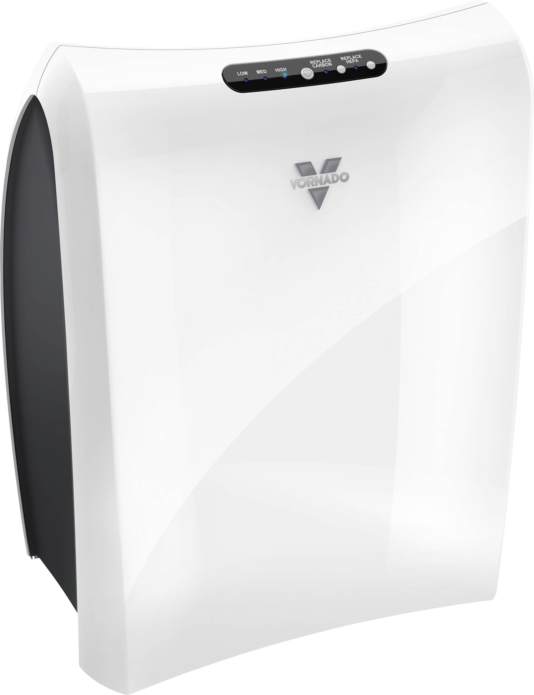 A white air purifier with control elements on the top, marked with a 'Vornado' logo, stands against a neutral background.