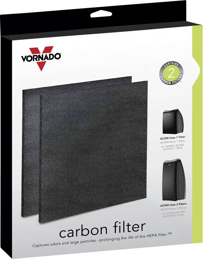 The packaging of a Vornado carbon filter shows two square filters and mentions that they capture odours and large particles. Suitable for HEPA filters.