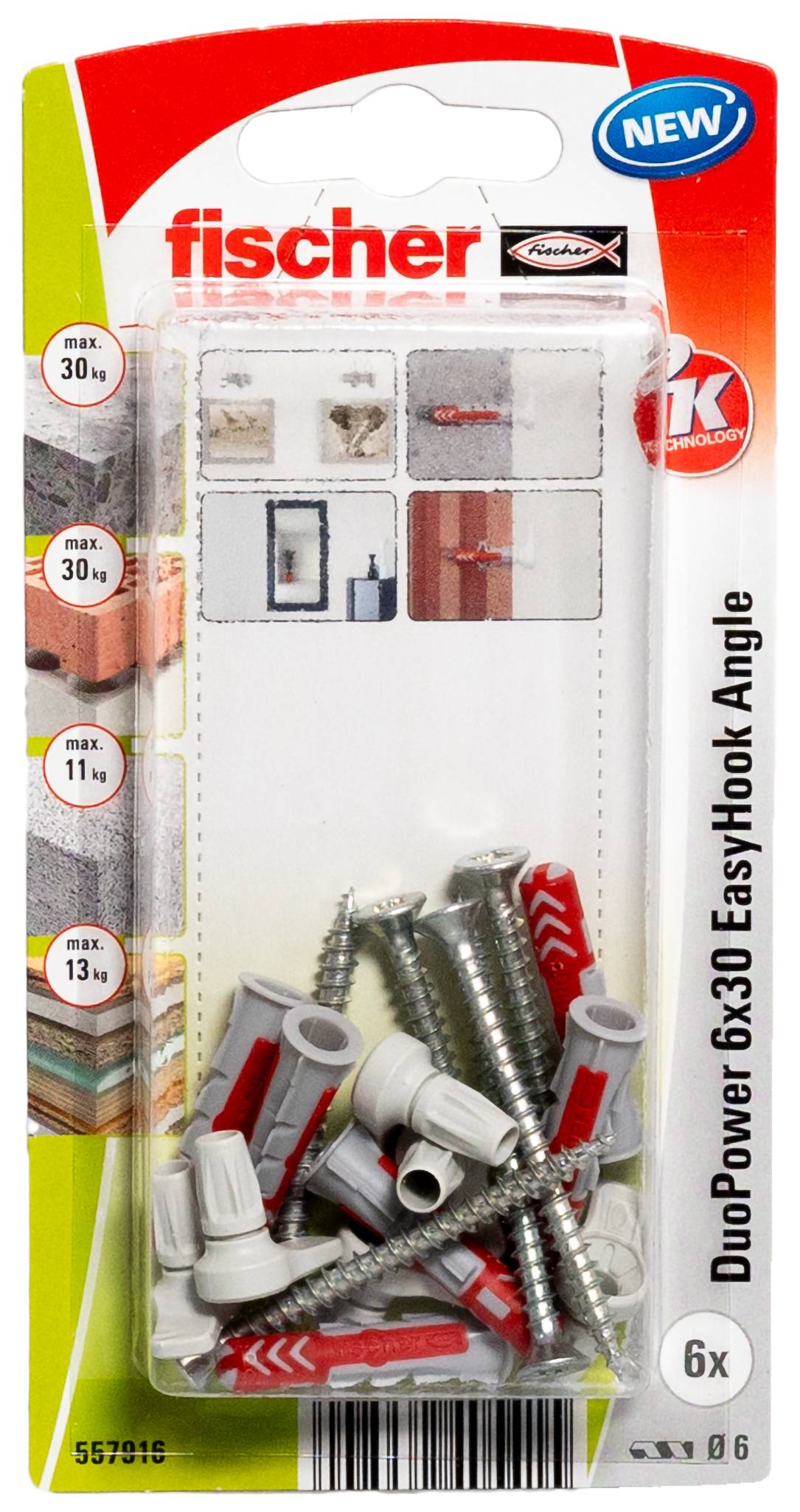 Pack of Fischer wall plugs and screws, suitable for loads between 11 kg and 30 kg. Includes product images and maximum weight specifications.