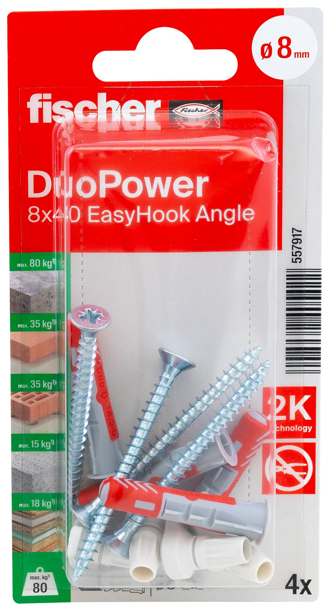 Packaging with Fischer Duopower 8x40 EasyHook Angle Plug Set. Contains four plugs and screws for various loads up to 80 kg.