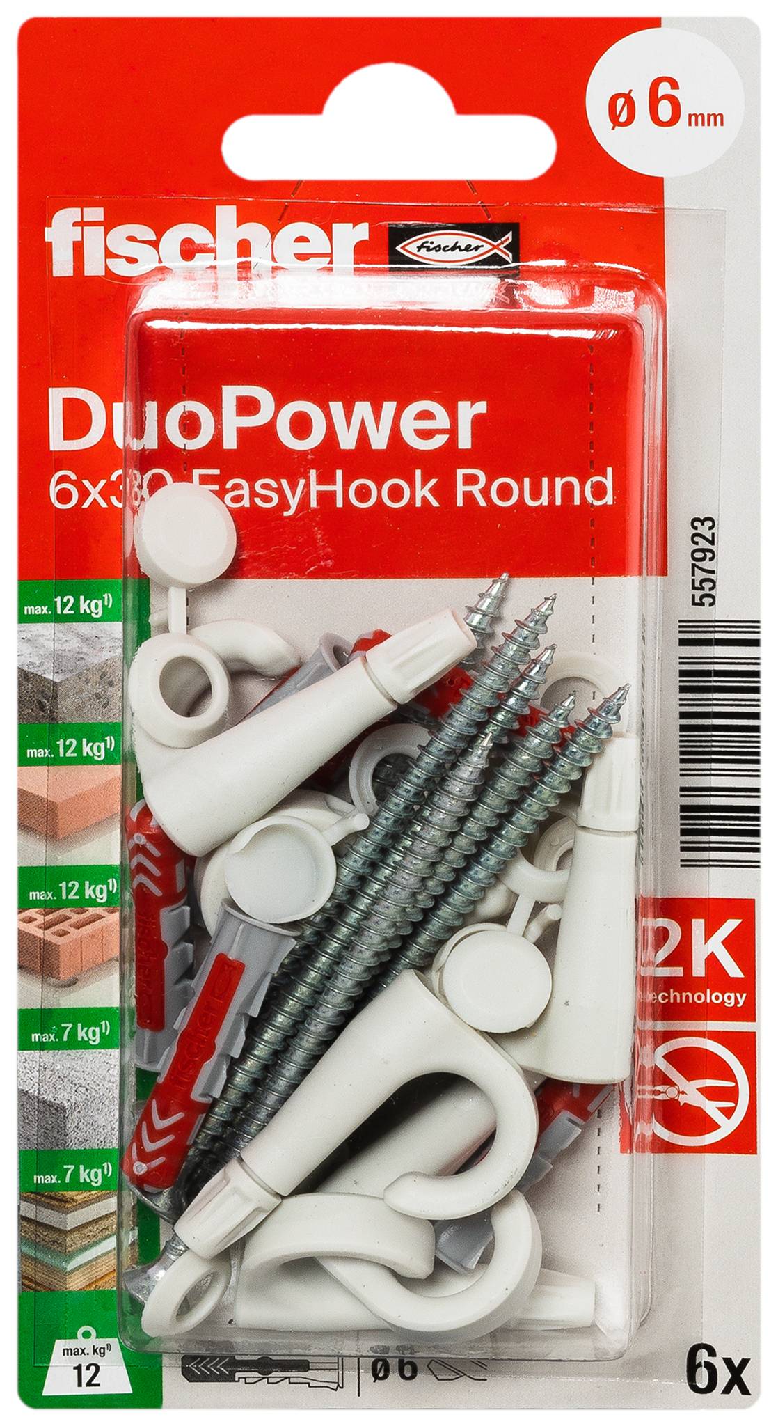 Packaging containing various wall plugs and screw hooks by the brand 'fischer'. Suitable for different materials with weight indication guidance.