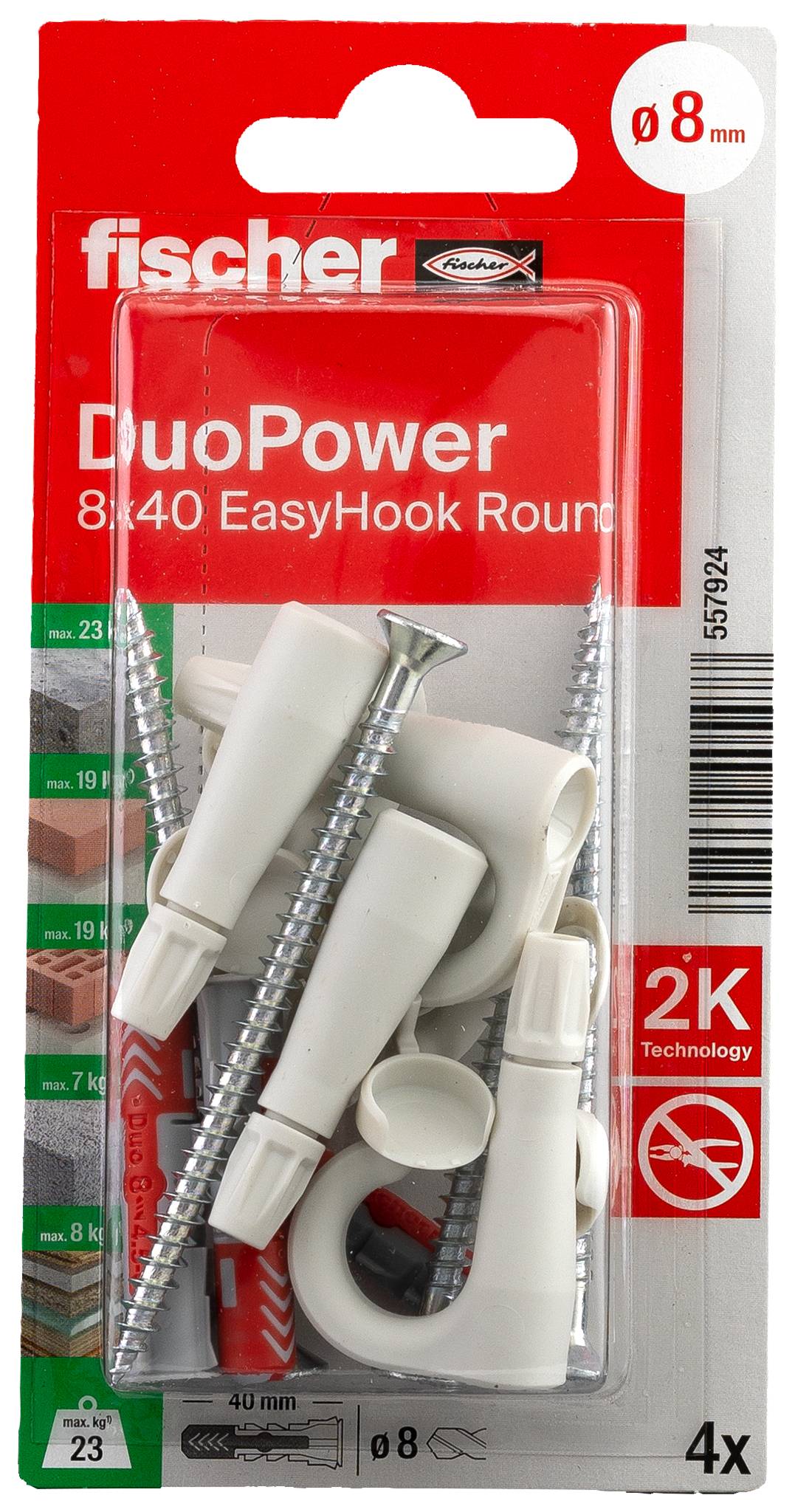 'Fischer Duo Power 8x40 EasyHook Round' Set: Contains 4 hooks, wall plugs and screws. Suitable for loads up to 23 kg.